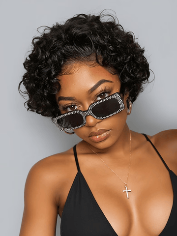 Klaiyi Short Pixie Cut Lace Front Bob Wigs Virgin Human Hair Water Curly Hair Wigs
