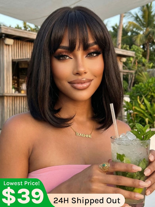 Fast Shipping | VIP Member Only Straight Bob Wig with Blunt Cut Bangs 100% Human Hair Crazy Flash Sale