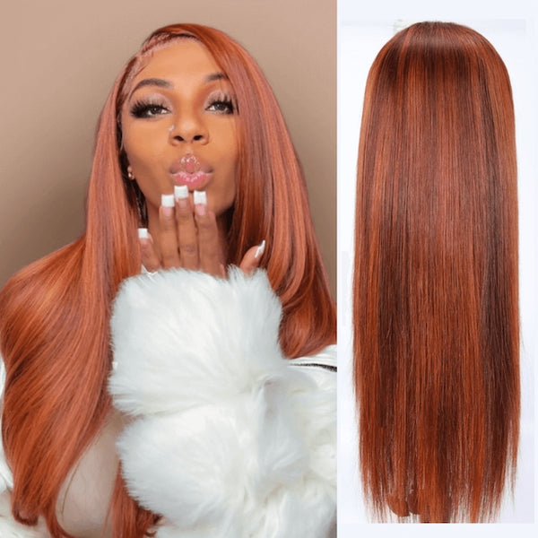 Klaiyi Pre-Everything™ 13x4 Lace Frontal Wig  Mixed Ginger Orange Straight Dimensional Copper Highlights Human Hair