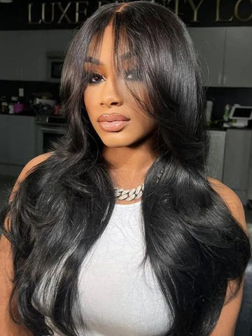 Klaiyi Yaki Straight Human Hair Glueless Wig with Blunt Cut Bangs Natural Black Color