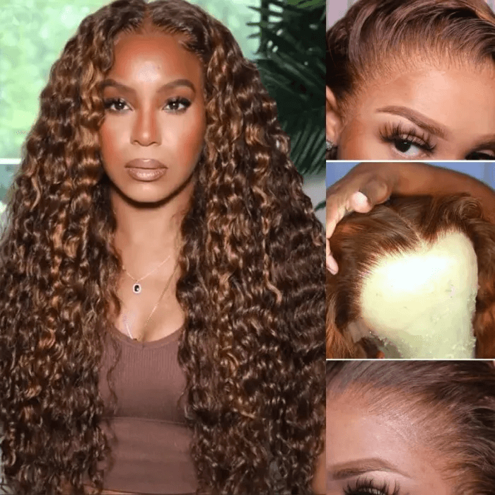 Klaiyi 7x5 Pre-cut Glueless Lace Invisible Knots Wig Ombre Highlight Piano Brown Kinky Curly/Water Wave Balayage Human Hair
