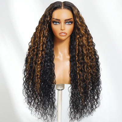 Klaiyi 7x5 Bye Bye Knots Ombre Brown Highlight Water Wave Glueless Human Hair Wig with Invisible Drawstring
