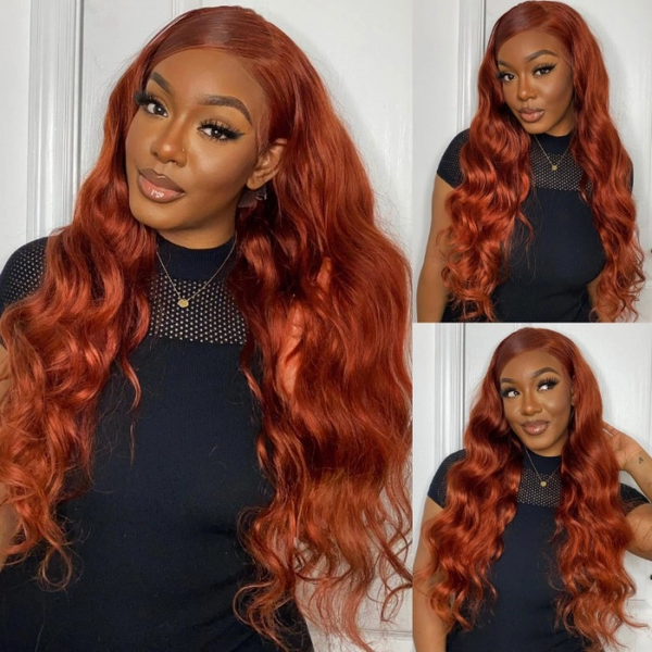 Klaiyi Put On and Go 6x4.75 Pre-Cut Glueless Lace Copper Brown Body Wave Wig