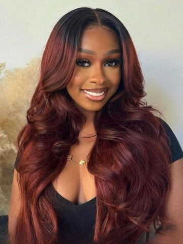 Klaiyi Bleand Natural V Part Wig Reddish Brown With Dark Roots Body Wave Human Hair Wigs