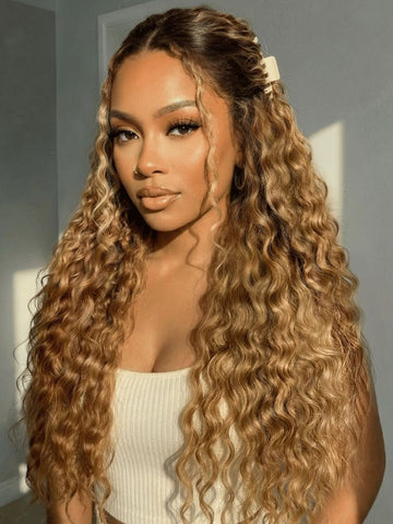 Klaiyi Sun-Kissed Honey & Warm Golden Blonde Water Wave 13x4 Glueless Put On And Go Wig with Invisi Drawstring