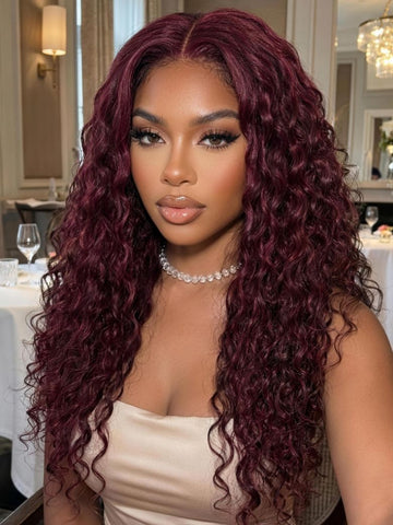 Klaiyi 99J Burgundy Water Wave Wig Long Human Hair 13x4 Glueless Lace Front Wig with Invisi Drawstring Flash Sale