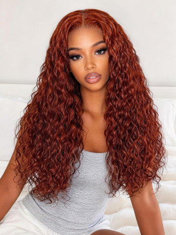 Klaiyi Reddish Brown Water Wave 7x5 Glueless Human Hair Lace Wig Put On & Go