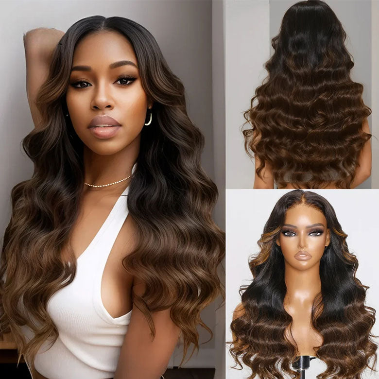 Klaiyi Bye Bye Knots Wig 7x5 Glueless Lace Black to Chestnut Brown Ombre Loose Wave Wig With Bleached Knots