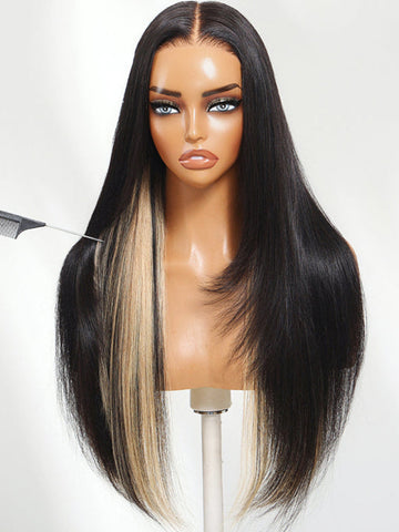 Klaiyi Natural Black with Peekaboo Highlights Straight Layered Cut 7x5 Bye Bye Knots Glueless Human Hair Wig
