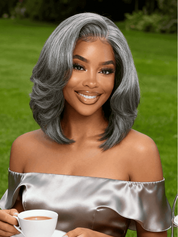 Klaiyi Salt and Pepper Layered Bob Glueless Pre-Cut T-part Lace Grey Wig