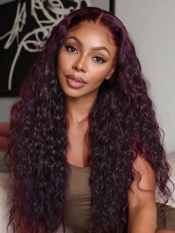 Klaiyi 13x4 Black Cherry Dark Burgundy Water Wave Pre Everything Lace Frontal Wig With Invisible Drawstring