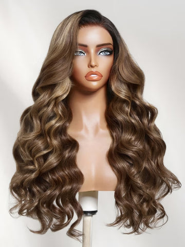 Klaiyi 7x5 No-Slip Glueless Lace Closure Wig Ash Blonde Balayage Highlight Body Wave Human Hair Wig