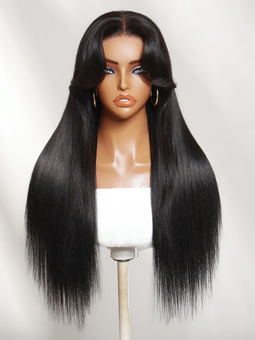 Flash Sale Klaiyi 7x5 Glueless Lace Blowout Yaki Straight Human Hair Wig with Curtain Bangs