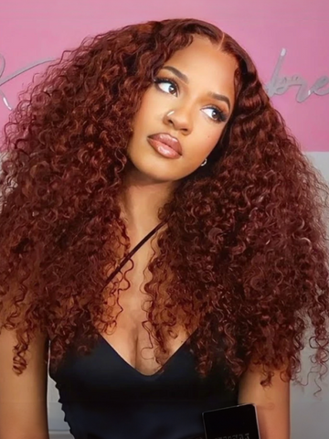 Klaiyi Reddish Brown Jerry Curly 7x5 Bye Bye Knots Human Hair Wig Put On and Go Glueless Lace Wig