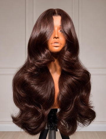 Klaiyi 7x5 No Slip Glueless Lace Wig Rich Chocolate Brown Body Wave with Face-Framing Layers Human Hair Wig