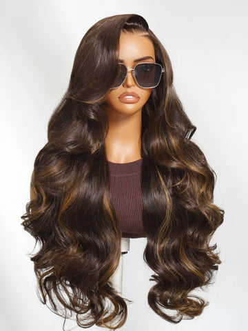 Vente flash Perruque Klaiyi Miel Caramel Mèches Ondulées 13x4 Prête à poser, sans colle