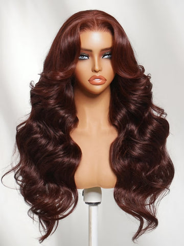Klaiyi 7x5 No-Slip Glueless Lace Wig Dark Auburn Loose Wave Human Hair Wig With Curtain Bangs