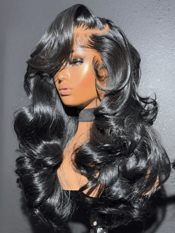 Klaiyi Hair HD Real Scalp™ Wig with Curtain Bangs 13x4 Invisible Lace Frontal Body Wave Wig Natural Black Color