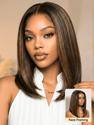 Klaiyi 7x5 No Slip Glueless Lace Wig Golden Brown Highlight Yaki Straight Bob Wig with Invisi Drawstring Flash Sale
