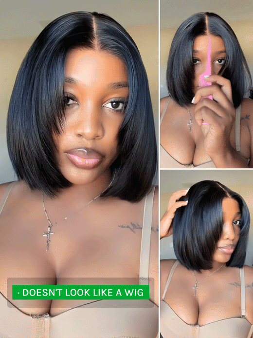 Klaiyi 7x5 No Slip Gluleless Lace Wig Yaki Straight Short Bob Human Hair Wig with Face-Framing Layers