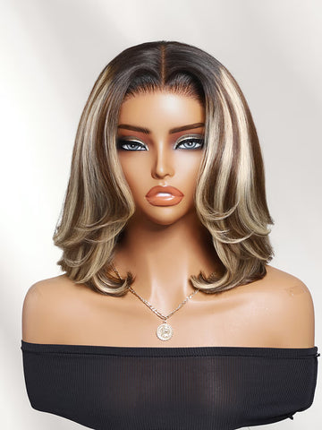 Klaiyi 7x5 No-Slip Glueless Lace Wig Ash BLonde Balayage Highlight Body Wave Layered Blowout Bob Wig
