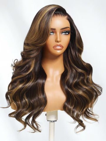 Klaiyi Brown Balayage Highlight 7x5 Bye Bye Knots Glueless Lace Body Wave Wig with Face Framing Layers