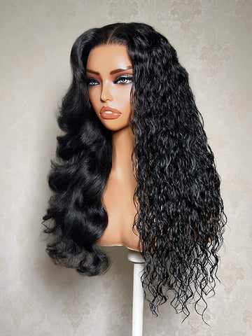Flash Sale Klaiyi 2 in 1 Body Wave to Water Wave Wig 7x5 No Slip Glueless Lace Human Hair Wigs