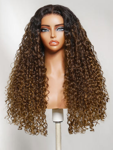 Flash Sale Klaiyi 7x5 Bye Bye Knots Lace Closure Wig Sun-kissed Ombre Honey Brown Tight Spiral Bounce Curls Humair Wig