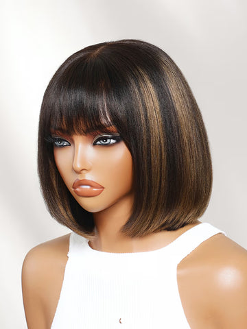 Peluca corta glamorosa Klaiyi 7x5 sin deslizamiento y sin pegamento, bob con volumen 180%, peluca de cabello humano lista para usar