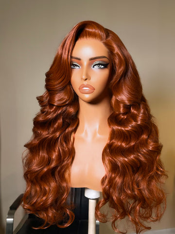 Klaiyi Dark Copper Auburn Body Wave Wig 7x5 No-Slip Glueless Lace Human Hair Wig with Invisi Drawstring