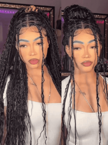 $99=36 pulgadas | Oferta flash peluca Klaiyi 34 pulgadas trenzada completa sin nudos peluca boho diosa con cabello de bebé y puntas rizadas