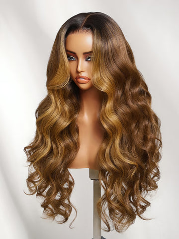 Klaiyi 7x5 No-Slip Glueless Body Wave Wig Brown With Honey Blonde Face-Framing Highlights Long Wavy Wig Put-On & Go