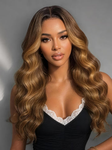 Klaiyi 7x5 No-Slip Glueless Body Wave Wig Brown With Honey Blonde Face-Framing Highlights Long Wavy Wig Put-On & Go