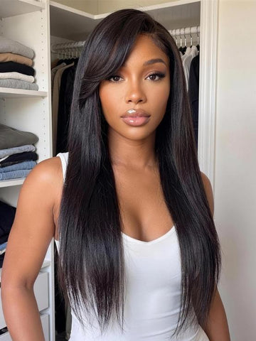 Klaiyi 7x5 Glueless Lace Yaki Straight Wig with Soft Side-Swept Bangs Natural Human Hair Wig