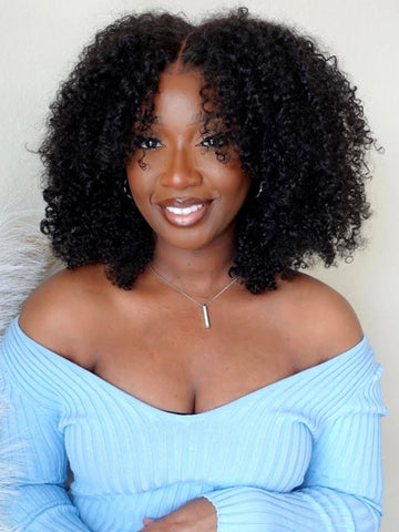 Peluca de encaje sin pegamento Klaiyi 7x5, 200% de densidad, rizado afro kinky con capas enmarcadoras de rostro y coils naturales