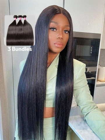 Klaiyi Peruvian Straight Hair 3 Bundles with 4*4 Lace Closure
