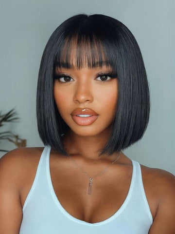 Extra 50% Off Code HALF50 | Klaiyi Straight Bob Wig With Blunt Cut Bangs Glueless Human Hair Wig Flash Sale