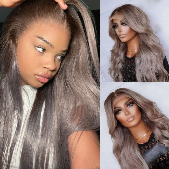 Klaiyi 13*4 Brown Roots with Punky Gray Highlights Skunk Strip Hair Body Wave  Wigs Flash Sale