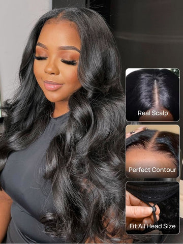 Klaiyi Body Wave Easicontour V Part Glueless Wig with invisi Drawstring Human Hair Meets Real Scalp Beginner Friendly