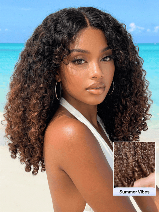 Klaiyi Ombre Chestnut Brown 7x5 Burmese Curly Wig with Finger Coil Ends Put On and Go Glueless Human Hair with Invisi Drawstring