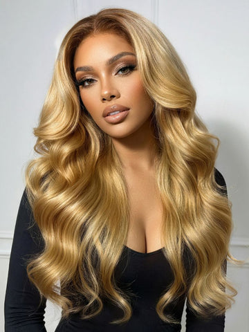 Klaiyi 7x5 No-Slip Glueless Lace Wig Warm Blonde with Brown Roots Voluminous Body Waves Invisi Drawstring & Face-Framing Layers