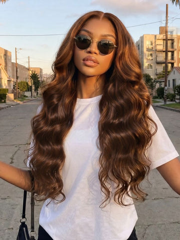 Klaiyi 7x5 No-Slip Glueless Copper Auburn Highlights On Rich Chocolate Brown Body Wave Human Hair Wig Put On & Go with Invisi Drawstring