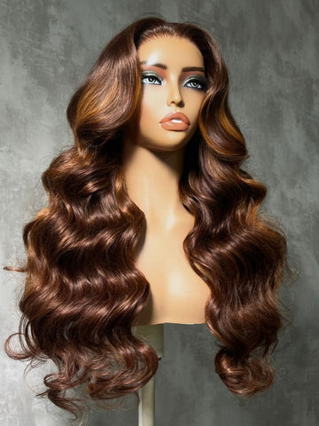 Klaiyi 7x5 No-Slip Glueless Copper Auburn Highlights On Rich Chocolate Brown Body Wave Human Hair Wig Put On & Go with Invisi Drawstring