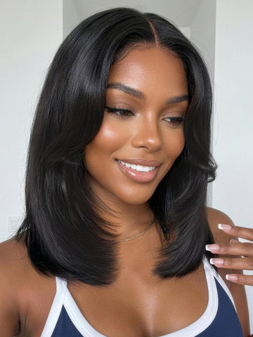 Klaiyi 7x5 No-Slip Glueless Lace Wig 90s Blowout Layered Bob with Curtain Bangs & Face-Framing Layers Human Hair Wig
