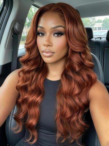 Klaiyi Copper Brown Body Wave Wig 7x5 No-Slip Glueless Lace Human Hair Wig with Invisi Drawstring