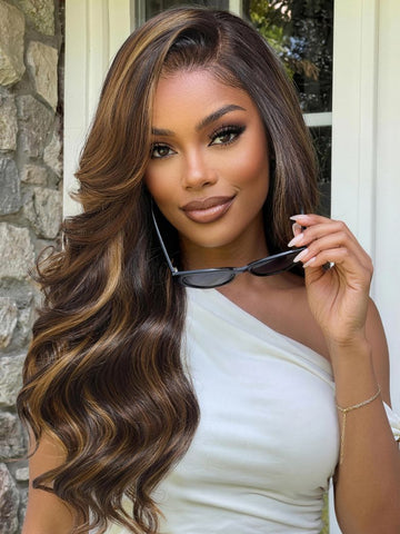 Klaiyi Brown Balayage Highlight 7x5 Bye Bye Knots Glueless Lace Body Wave Wig with Face Framing Layers