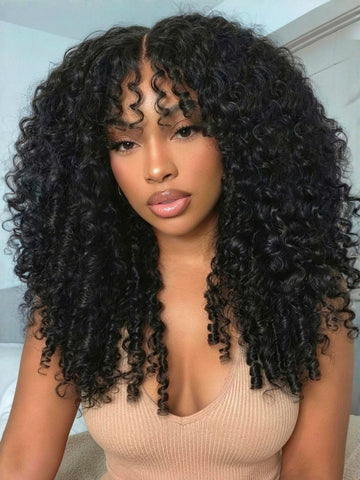 Klaiyi 7x5 Bye Bye Knots Curly Hair with Finger Coil Ends Put on and Go Glueless Human Hair Wig
