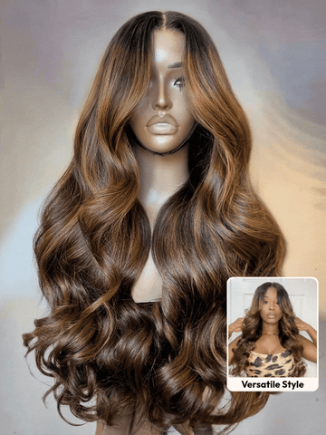 Klaiyi Ombre Brown Balayage Highlight Body Wave 13x4 Pre everything Wig Precolored Glueless Human Hair Lace Wig