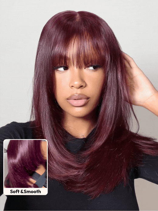 Klaiyi Black Cherry 7x5 Bye Bye Knots Layered Wolf Cut with Wispy Bangs Mid-length Sleek Bob Glueless Lace wig with Invisi Drawstring