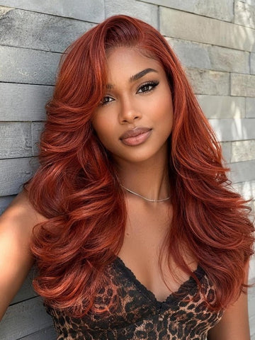 Klaiyi Dark Copper Auburn 7x5 No-Slip Glueless Lace Closure Wig with Feathered Layers Loose Wave Human Hair